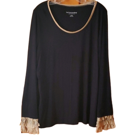 Soft Surroundings Tops - Soft Surroundings Womans Black & Champagne Ruffle Lace Long Sleeve Top Size XL